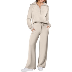 image:imageANRABESS Women 2 Piece Set Sweatsuits Lounge Fall Outfits  Quarter Zip Pullover Wide Leg Pants amp Pockets Matching SetCasual Travel Fashion Airport Vacation ClothingSweat Track SuitsLight Khaki
