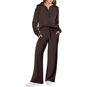 image:imageANRABESS Women 2 Piece Set Sweatsuits Lounge Fall Outfits  Quarter Zip Pullover Wide Leg Pants amp Pockets Matching SetCasual Travel Fashion Airport Vacation ClothingSweat Track SuitsCoffee
