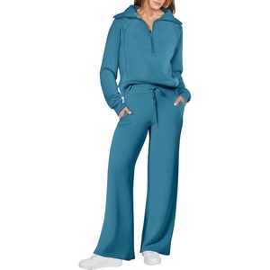 image:imageANRABESS Women 2 Piece Set Sweatsuits Lounge Fall Outfits  Quarter Zip Pullover Wide Leg Pants amp Pockets Matching SetCasual Travel Fashion Airport Vacation ClothingSweat Track SuitsLake Blue