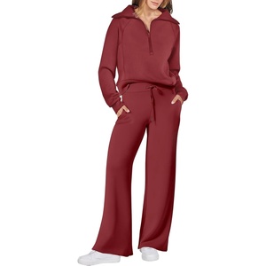 image:imageANRABESS Women 2 Piece Set Sweatsuits Lounge Fall Outfits  Quarter Zip Pullover Wide Leg Pants amp Pockets Matching SetCasual Travel Fashion Airport Vacation ClothingSweat Track SuitsRed