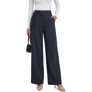 image:imageANRABESS Women Buckle Work Dress Pants with Pockets  Wide Leg Mid Waist Trousers Office Dressy Formal Business Casual Long Fall Slacks Solid amp StripedStripe Navy Blue