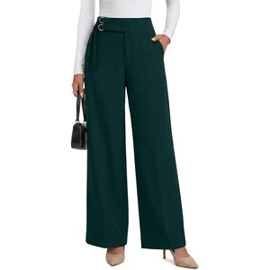 image:imageANRABESS Women Buckle Work Dress Pants with Pockets  Wide Leg Mid Waist Trousers Office Dressy Formal Business Casual Long Fall Slacks Solid amp StripedDark Green