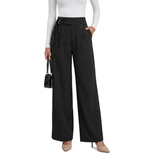 image:imageANRABESS Women Buckle Work Dress Pants with Pockets  Wide Leg Mid Waist Trousers Office Dressy Formal Business Casual Long Fall Slacks Solid amp StripedStripe Black