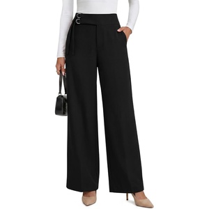 image:imageANRABESS Women Buckle Work Dress Pants with Pockets  Wide Leg Mid Waist Trousers Office Dressy Formal Business Casual Long Fall Slacks Solid amp StripedBlack