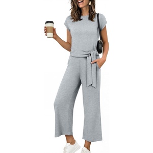 image:imageANRABESS Womens 2 Piece Outfits 2026 Summer Fall Travel Lounge Set  Soft Cozy Airport Fabric Cap Sleeve TieWaisted Top amp Wide Leg Pants Trendy Vacation Outfits Casual Business Daily WearLight Grey
