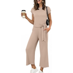 image:imageANRABESS Womens 2 Piece Outfits 2026 Summer Fall Travel Lounge Set  Soft Cozy Airport Fabric Cap Sleeve TieWaisted Top amp Wide Leg Pants Trendy Vacation Outfits Casual Business Daily WearAlmond