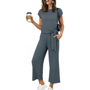 image:imageANRABESS Womens 2 Piece Outfits 2026 Summer Fall Travel Lounge Set  Soft Cozy Airport Fabric Cap Sleeve TieWaisted Top amp Wide Leg Pants Trendy Vacation Outfits Casual Business Daily WearDeep Grey