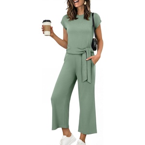 image:imageANRABESS Womens 2 Piece Outfits 2026 Summer Fall Travel Lounge Set  Soft Cozy Airport Fabric Cap Sleeve TieWaisted Top amp Wide Leg Pants Trendy Vacation Outfits Casual Business Daily WearSage Green