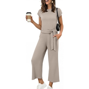 image:imageANRABESS Womens 2 Piece Outfits 2026 Summer Fall Travel Lounge Set  Soft Cozy Airport Fabric Cap Sleeve TieWaisted Top amp Wide Leg Pants Trendy Vacation Outfits Casual Business Daily WearLight Khaki