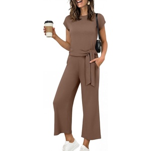 image:imageANRABESS Womens 2 Piece Outfits 2026 Summer Fall Travel Lounge Set  Soft Cozy Airport Fabric Cap Sleeve TieWaisted Top amp Wide Leg Pants Trendy Vacation Outfits Casual Business Daily WearBrown