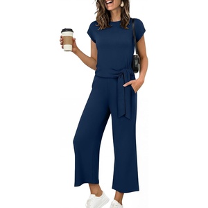 image:imageANRABESS Womens 2 Piece Outfits 2026 Summer Fall Travel Lounge Set  Soft Cozy Airport Fabric Cap Sleeve TieWaisted Top amp Wide Leg Pants Trendy Vacation Outfits Casual Business Daily WearNavy Blue