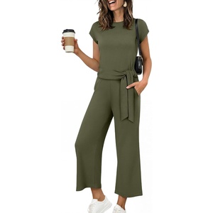 image:imageANRABESS Womens 2 Piece Outfits 2026 Summer Fall Travel Lounge Set  Soft Cozy Airport Fabric Cap Sleeve TieWaisted Top amp Wide Leg Pants Trendy Vacation Outfits Casual Business Daily WearArmy Green