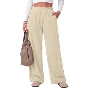 image:imageANRABESS Womens Corduroy High Waist Wide Leg Lounge Pants  Fall Casual Loose Comfy Elastic Waist Trousers Ribbed Texture with Side Pockets Winter Cozy Chunky Lounge OutfitsBeige