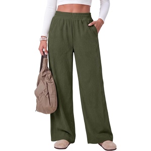 image:imageANRABESS Womens Corduroy High Waist Wide Leg Lounge Pants  Fall Casual Loose Comfy Elastic Waist Trousers Ribbed Texture with Side Pockets Winter Cozy Chunky Lounge OutfitsArmy Green