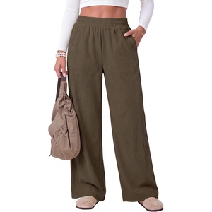 image:imageANRABESS Womens Corduroy High Waist Wide Leg Lounge Pants  Fall Casual Loose Comfy Elastic Waist Trousers Ribbed Texture with Side Pockets Winter Cozy Chunky Lounge OutfitsLight Brown