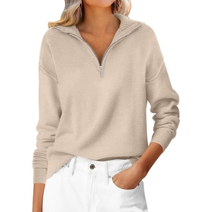 image:imageANRABESS Womens Fall Quarter Zip Collared Pullover Sweaters  Soft Long Sleeve V Neck Shirts Business Casual Loose Fit Knit Tops Winter Warm OutfitsAlmond Solid Color