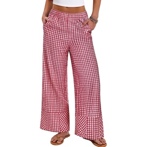 image:imageANRABESS Womens Gingham Boxer Wide Leg Palazzo Lounge Pants  Checkered Plaid amp StripedPajamas PJ Boxer BottomsElastic Waist Trousers with PocketsCasual Daily Home Wear Fall OutfitsRed Plaid