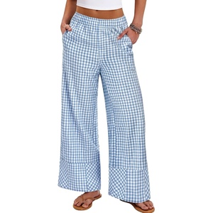 image:imageANRABESS Womens Gingham Boxer Wide Leg Palazzo Lounge Pants  Checkered Plaid amp StripedPajamas PJ Boxer BottomsElastic Waist Trousers with PocketsCasual Daily Home Wear Fall OutfitsLight Blue Plaid