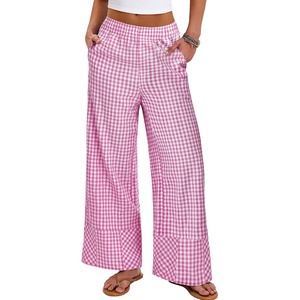 image:imageANRABESS Womens Gingham Boxer Wide Leg Palazzo Lounge Pants  Checkered Plaid amp StripedPajamas PJ Boxer BottomsElastic Waist Trousers with PocketsCasual Daily Home Wear Fall OutfitsHot Pink Plaid