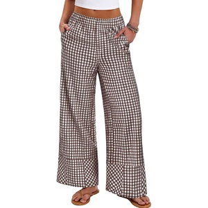 image:imageANRABESS Womens Gingham Boxer Wide Leg Palazzo Lounge Pants  Checkered Plaid amp StripedPajamas PJ Boxer BottomsElastic Waist Trousers with PocketsCasual Daily Home Wear Fall OutfitsBrown Plaid