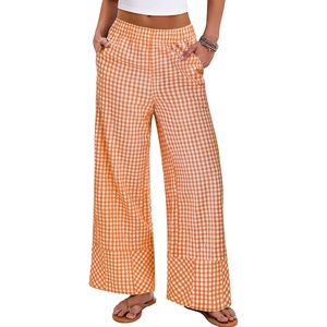 image:imageANRABESS Womens Gingham Boxer Wide Leg Palazzo Lounge Pants  Checkered Plaid amp StripedPajamas PJ Boxer BottomsElastic Waist Trousers with PocketsCasual Daily Home Wear Fall OutfitsOrange Plaid