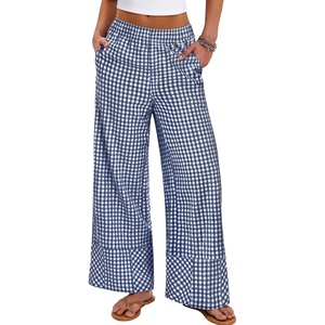 image:imageANRABESS Womens Gingham Boxer Wide Leg Palazzo Lounge Pants  Checkered Plaid amp StripedPajamas PJ Boxer BottomsElastic Waist Trousers with PocketsCasual Daily Home Wear Fall OutfitsBlue Plaid