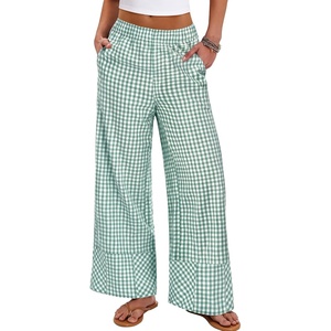 image:imageANRABESS Womens Gingham Boxer Wide Leg Palazzo Lounge Pants  Checkered Plaid amp StripedPajamas PJ Boxer BottomsElastic Waist Trousers with PocketsCasual Daily Home Wear Fall OutfitsGreen Plaid
