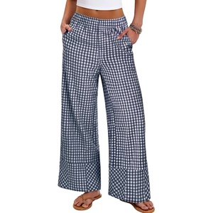 image:imageANRABESS Womens Gingham Boxer Wide Leg Palazzo Lounge Pants  Checkered Plaid amp StripedPajamas PJ Boxer BottomsElastic Waist Trousers with PocketsCasual Daily Home Wear Fall OutfitsNavy Blue Plaid