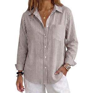 image:imageANRABESS Womens Long Sleeve Button Down Gingham Striped Shirts  PlaidampStriped Fall OutfitsBusiness Casual Collared Button Up TopsChest PocketSoft Dressy Work Blouses Office ClothesBrown White Stripe