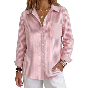 image:imageANRABESS Womens Long Sleeve Button Down Gingham Striped Shirts  PlaidampStriped Fall OutfitsBusiness Casual Collared Button Up TopsChest PocketSoft Dressy Work Blouses Office ClothesPink White Stripe