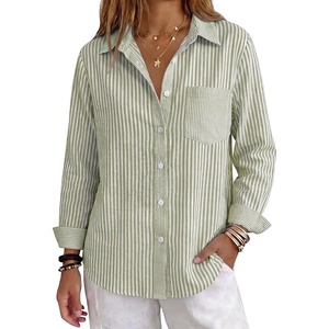 image:imageANRABESS Womens Long Sleeve Button Down Gingham Striped Shirts  PlaidampStriped Fall OutfitsBusiness Casual Collared Button Up TopsChest PocketSoft Dressy Work Blouses Office ClothesArmy Green White Stripe