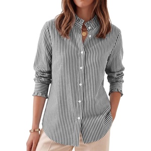 image:imageANRABESS Womens Long Sleeve Button Down Shirts Gingham Blouse  Plaid amp Striped Ruffle Collar CuffsLightweight Soft Business Casual Outfits Work Office Tops 2026 Fall Spring LayeringBlack White Stripe
