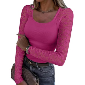 image:imageANRABESS Womens Long Sleeve Shirts Lace Scoop Neck Tops  Ribbed Knit Soft Stretchy Fabric Slim Fitted Going Out Layering Tshirts Casual Basic Fall Winter Fashion OutfitsHot Pink