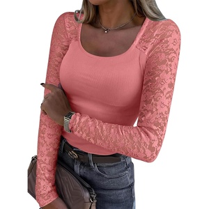 image:imageANRABESS Womens Long Sleeve Shirts Lace Scoop Neck Tops  Ribbed Knit Soft Stretchy Fabric Slim Fitted Going Out Layering Tshirts Casual Basic Fall Winter Fashion OutfitsCoral Pink