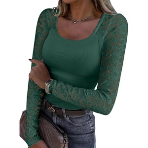 image:imageANRABESS Womens Long Sleeve Shirts Lace Scoop Neck Tops  Ribbed Knit Soft Stretchy Fabric Slim Fitted Going Out Layering Tshirts Casual Basic Fall Winter Fashion OutfitsDeep Green