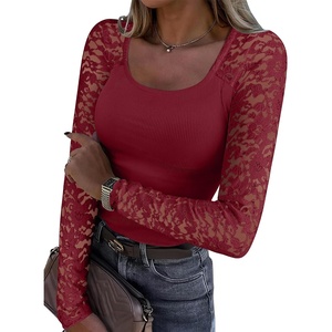 image:imageANRABESS Womens Long Sleeve Shirts Lace Scoop Neck Tops  Ribbed Knit Soft Stretchy Fabric Slim Fitted Going Out Layering Tshirts Casual Basic Fall Winter Fashion OutfitsDeep Red