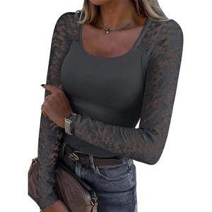 image:imageANRABESS Womens Long Sleeve Shirts Lace Scoop Neck Tops  Ribbed Knit Soft Stretchy Fabric Slim Fitted Going Out Layering Tshirts Casual Basic Fall Winter Fashion OutfitsDeep Grey