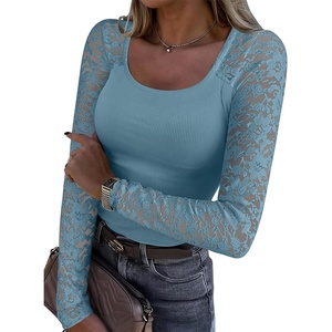 image:imageANRABESS Womens Long Sleeve Shirts Lace Scoop Neck Tops  Ribbed Knit Soft Stretchy Fabric Slim Fitted Going Out Layering Tshirts Casual Basic Fall Winter Fashion OutfitsGrey Blue