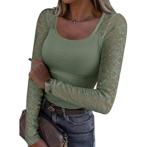 image:imageANRABESS Womens Long Sleeve Shirts Lace Scoop Neck Tops  Ribbed Knit Soft Stretchy Fabric Slim Fitted Going Out Layering Tshirts Casual Basic Fall Winter Fashion OutfitsSage Green
