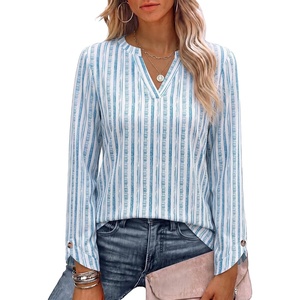 image:imageANRABESS Womens Long Sleeve Shirts V Neck Top  Split Button Cuff Soft Comfy Solid amp Floral Print Tee Business Casual Work Daily Wear Fall Spring Transition OutfitsFloral Blue Striped