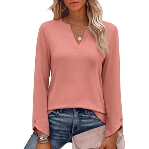 image:imageANRABESS Womens Long Sleeve Shirts V Neck Top  Split Button Cuff Soft Comfy Solid amp Floral Print Tee Business Casual Work Daily Wear Fall Spring Transition OutfitsCoral