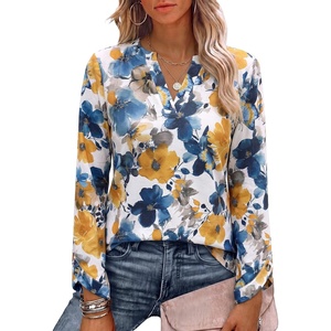 image:imageANRABESS Womens Long Sleeve Shirts V Neck Top  Split Button Cuff Soft Comfy Solid amp Floral Print Tee Business Casual Work Daily Wear Fall Spring Transition OutfitsFloral Blue Yellow