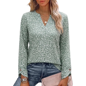 image:imageANRABESS Womens Long Sleeve Shirts V Neck Top  Split Button Cuff Soft Comfy Solid amp Floral Print Tee Business Casual Work Daily Wear Fall Spring Transition OutfitsFloral Green