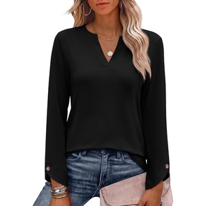 image:imageANRABESS Womens Long Sleeve Shirts V Neck Top  Split Button Cuff Soft Comfy Solid amp Floral Print Tee Business Casual Work Daily Wear Fall Spring Transition OutfitsBlack