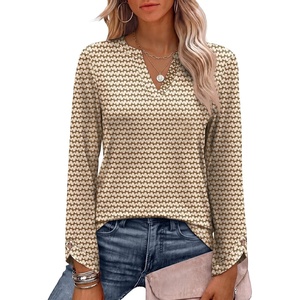 image:imageANRABESS Womens Long Sleeve Shirts V Neck Top  Split Button Cuff Soft Comfy Solid amp Floral Print Tee Business Casual Work Daily Wear Fall Spring Transition OutfitsFloral Brown