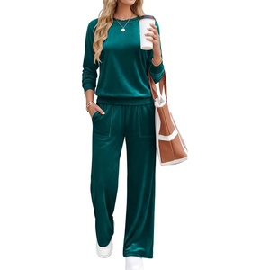 image:imageANRABESS Womens Lounge Sets 2 Piece Velour Sweatsuit Tracksuit  Matching Travel Outfits for Women Velvet Crewneck Pullover Top and Wide Leg Pants Cozy Fall Winter Loungewear SweatSuitsDeep Teal