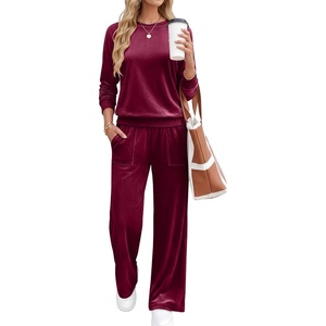 image:imageANRABESS Womens Lounge Sets 2 Piece Velour Sweatsuit Tracksuit  Matching Travel Outfits for Women Velvet Crewneck Pullover Top and Wide Leg Pants Cozy Fall Winter Loungewear SweatSuitsWine Red