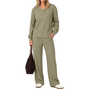 image:imageANRABESS Womens Lounge Sets 2026 Fall Winter 2 Piece Outfits Sweatsuits  Comfy Waffle Knit Loungewear Long Sleeve Henley Top amp Wide Leg Pants with PocketsCozy Soft Daily WearGreen