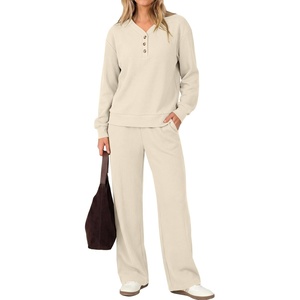 image:imageANRABESS Womens Lounge Sets 2026 Fall Winter 2 Piece Outfits Sweatsuits  Comfy Waffle Knit Loungewear Long Sleeve Henley Top amp Wide Leg Pants with PocketsCozy Soft Daily WearApricot