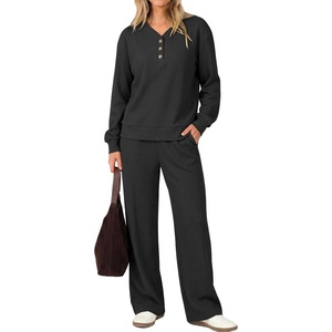 image:imageANRABESS Womens Lounge Sets 2026 Fall Winter 2 Piece Outfits Sweatsuits  Comfy Waffle Knit Loungewear Long Sleeve Henley Top amp Wide Leg Pants with PocketsCozy Soft Daily WearBlack